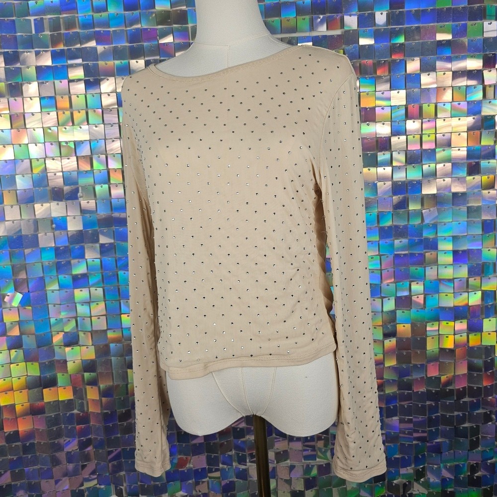 Almost Famous Rhinestone Mesh Top Womens XL Beige Excellent Long‎ Sleeve Sparkle